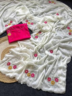 White Color  Handwork Khatali Butta With Cutdana Sequence work  Silk Saree 3