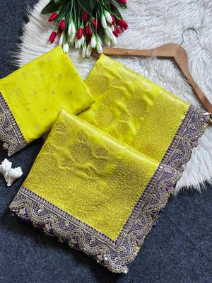 Lemon Yellow color embroidery coding & sequence border work art silk saree 1