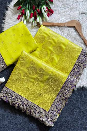Lemon Yellow color embroidery coding & sequence border work silk saree