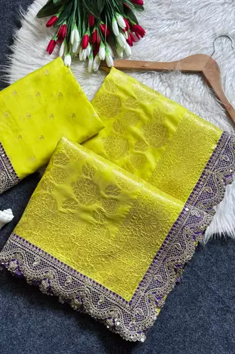 Lemon Yellow color embroidery coding & sequence border work silk saree
