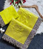 Lemon Yellow color embroidery coding & sequence border work silk saree