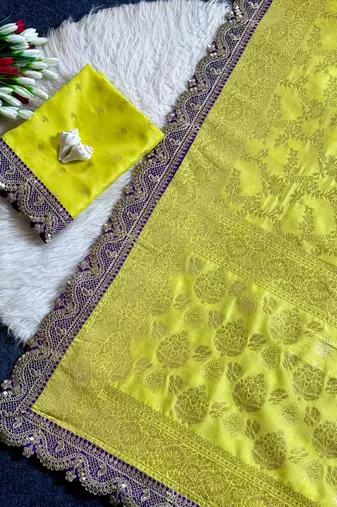 Lemon Yellow color embroidery coding & sequence border work art silk saree