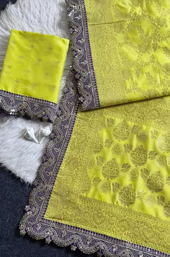 Lemon Yellow color embroidery coding & sequence border work art silk saree