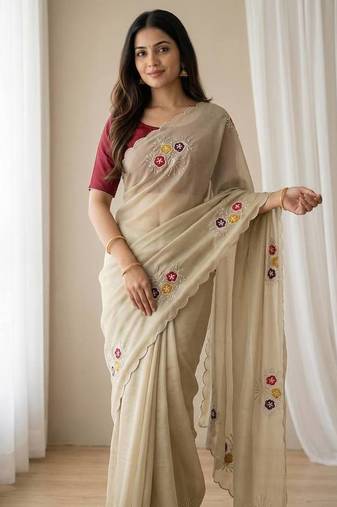 Cream Color  Handwork Khatali Butta With Cutdana Sequence work  Silk Saree