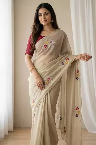 Cream Color  Handwork Khatali Butta With Cutdana Sequence work  Silk Saree