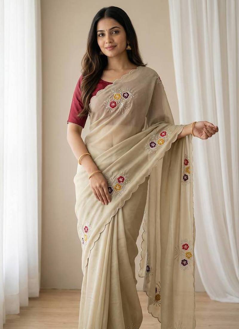 Cream Color  Handwork Khatali Butta With Cutdana Sequence work  Silk Saree