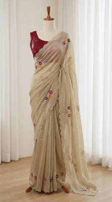 Cream Color  Handwork Khatali Butta With Cutdana Sequence work  Silk Saree 2