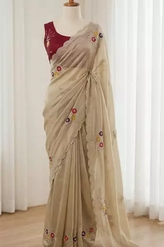 Cream Color  Handwork Khatali Butta With Cutdana Sequence work  Silk Saree