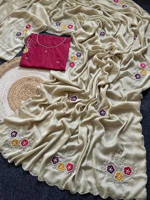Cream Color  Handwork Khatali Butta With Cutdana Sequence work  Silk Saree 3