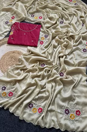 Cream Color  Handwork Khatali Butta With Cutdana Sequence work  Silk Saree