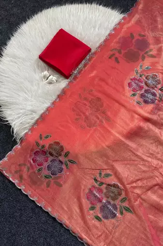 Dark peach color diamond cut work  tissue art silk saree