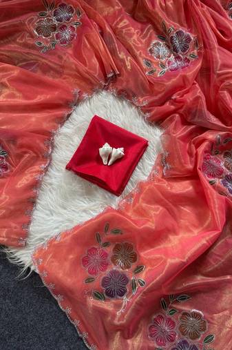 Dark peach color diamond cut work  tissue art silk saree