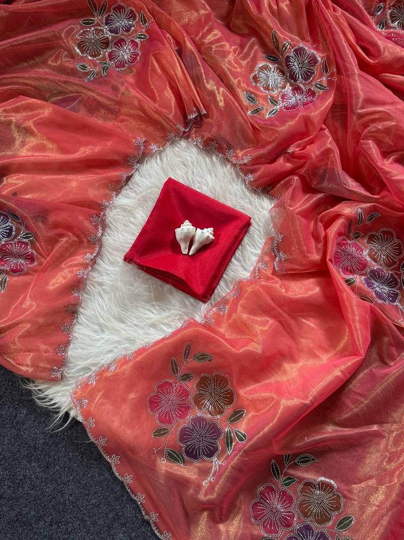 Dark peach color diamond cut work  tissue silk saree