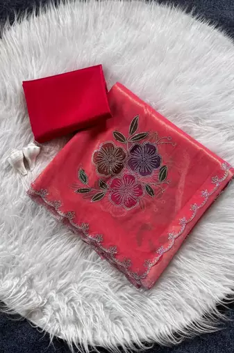 Dark peach color diamond cut work  tissue art silk saree
