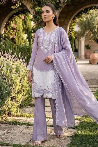 Lavender Air Tex Chinon Straight Suit Set with White Sequence Embroidery