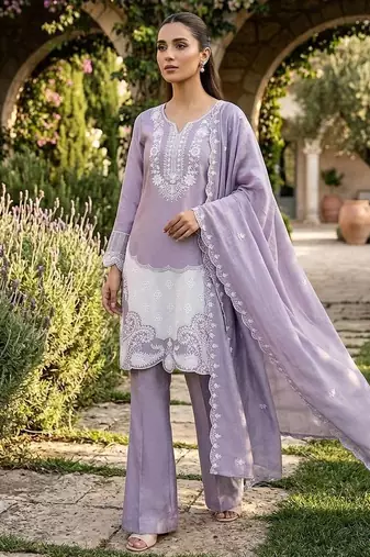 Lavender Air Tex Chinon Straight Suit Set with White Sequence Embroidery
