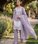 Lavender Air Tex Chinon Straight Suit Set with White Sequence Embroidery