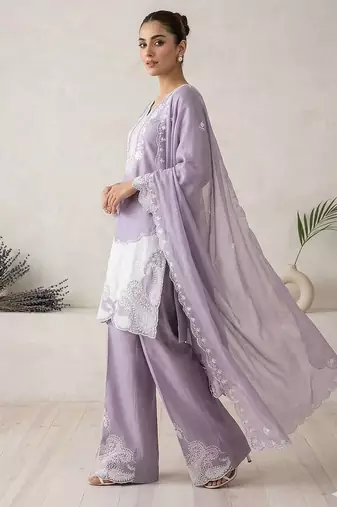 Lavender Air Tex Chinon Straight Suit Set with White Sequence Embroidery
