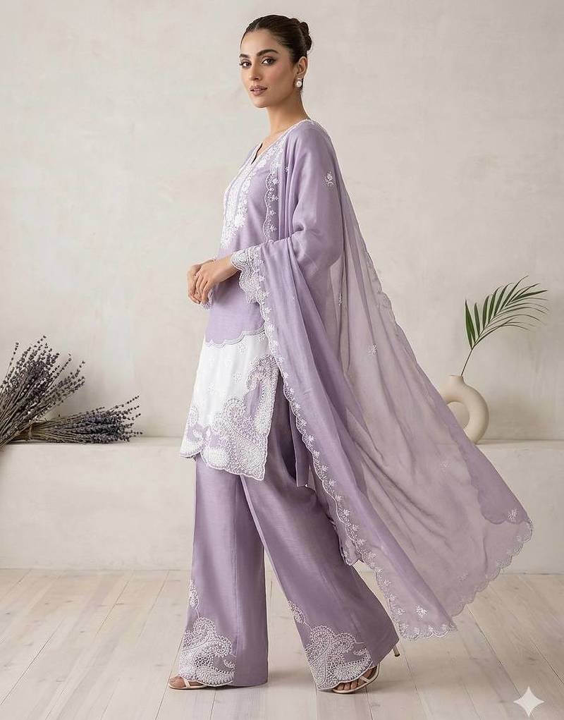 Lavender Air Tex Chinon Straight Suit Set with White Sequence Embroidery