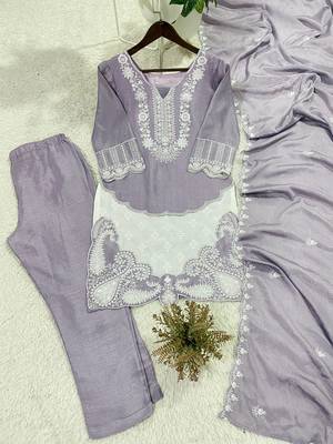 Lavender Air Tex Chinon Straight Suit Set with White Sequence Embroidery 3