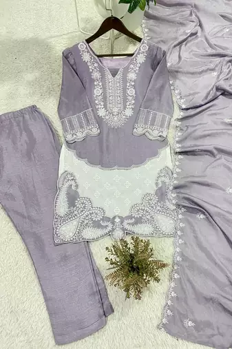 Lavender Air Tex Chinon Straight Suit Set with White Sequence Embroidery
