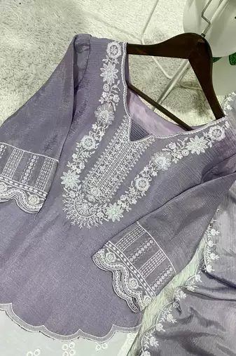 Lavender Air Tex Chinon Straight Suit Set with White Sequence Embroidery