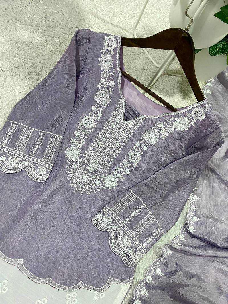 Lavender Air Tex Chinon Straight Suit Set with White Sequence Embroidery