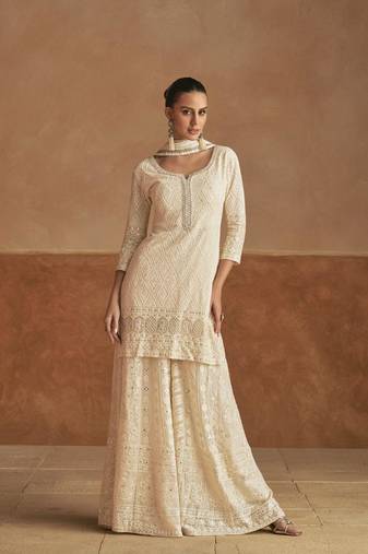 Off white real georgette wedding collection full stitched sharara suits free size upto 42