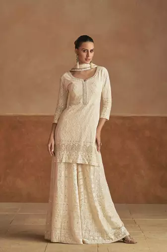 Off white real georgette wedding collection full stitched sharara suits free size upto 42