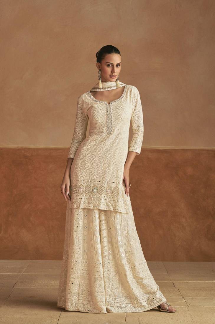 Off white real georgette wedding collection full stitched sharara suits free size upto 42