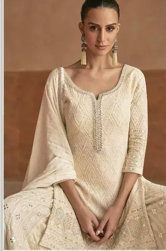 Off white real georgette wedding collection full stitched sharara suits free size upto 42