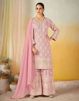 Pink real georgette wedding collection full stitched sharara suits free size upto 42 1