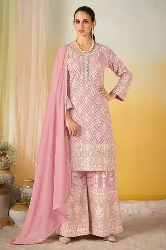 Pink real georgette wedding collection full stitched sharara suits free size upto 42