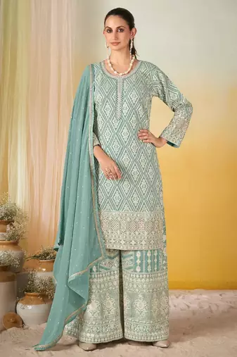 Light blue real georgette wedding collection full stitched sharara suits free size upto 42
