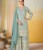 Light blue real georgette wedding collection full stitched sharara suits free size upto 42