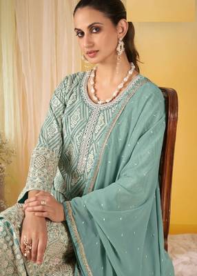Light blue real georgette wedding collection full stitched sharara suits free size upto 42 2