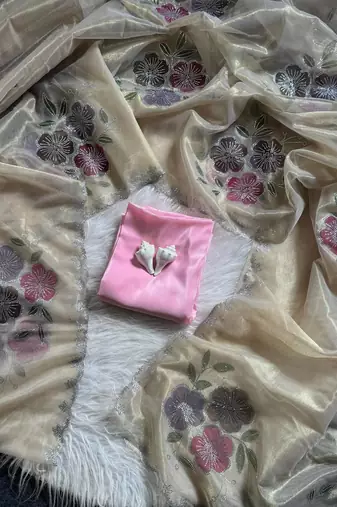 Light Yellow color diamond cut work  tissue silk saree