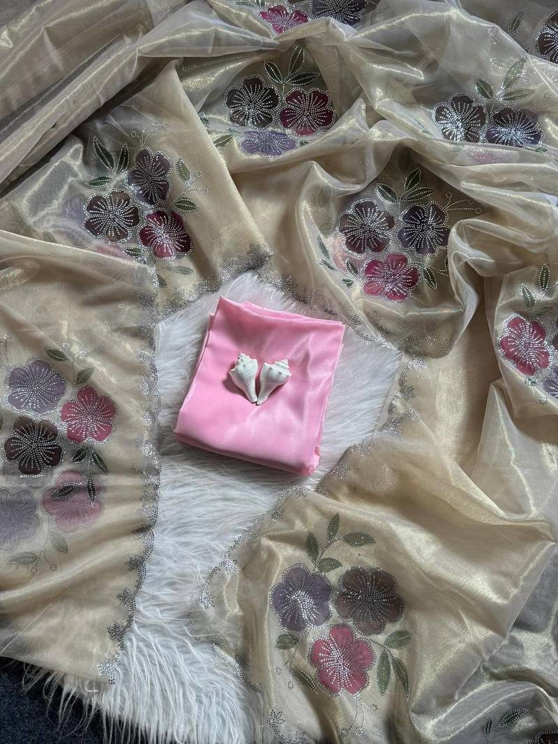 Light Yellow color diamond cut work  tissue silk saree