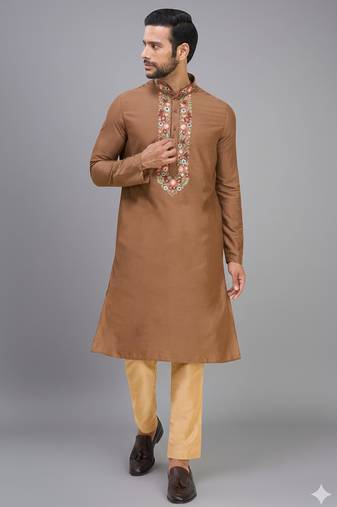 chiku color embroidered silk men’s kurta pant set