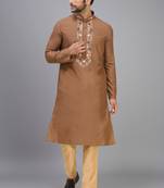 chiku color embroidered silk men’s kurta pant set