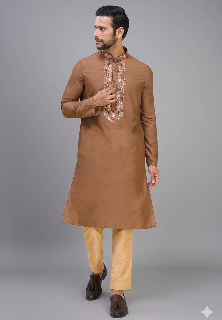 chiku color embroidered silk men’s kurta pant set