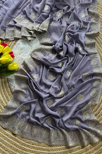 GrayColor  embroidery and jarkhan work  satin silk saree  