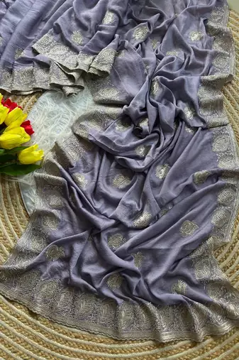 GrayColor  embroidery and jarkhan work  satin silk saree  