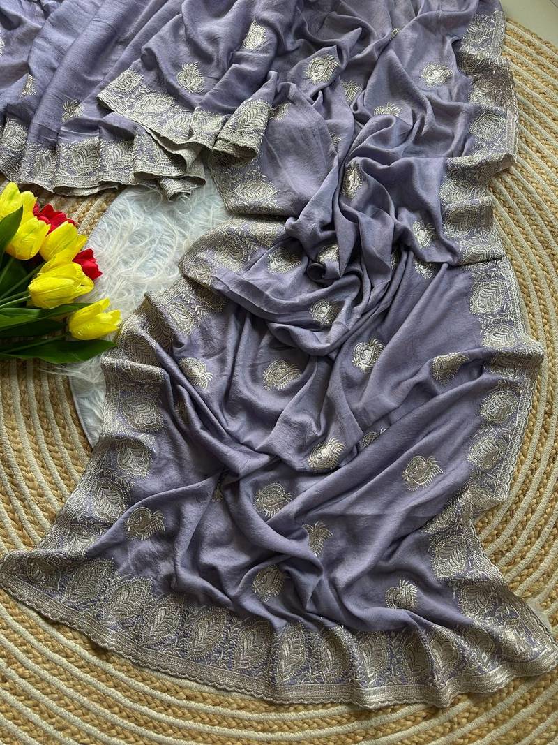 GrayColor  embroidery and jarkhan work  satin silk saree  