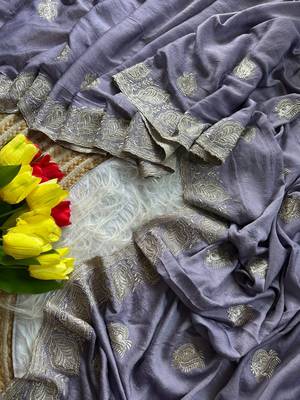 GrayColor  embroidery and jarkhan work  satin silk saree   2