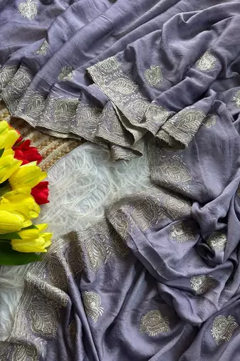 GrayColor  embroidery and jarkhan work  satin silk saree  