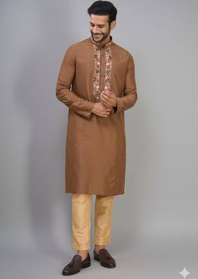 chiku color embroidered silk men’s kurta pant set 2