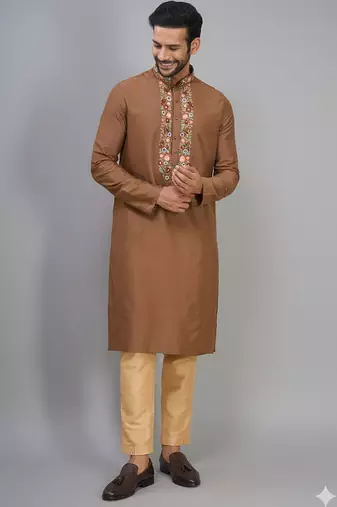 chiku color embroidered silk men’s kurta pant set
