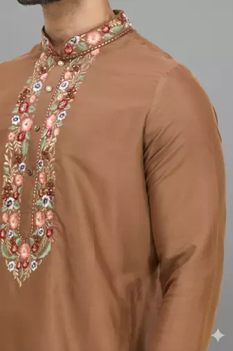 chiku color embroidered silk men’s kurta pant set