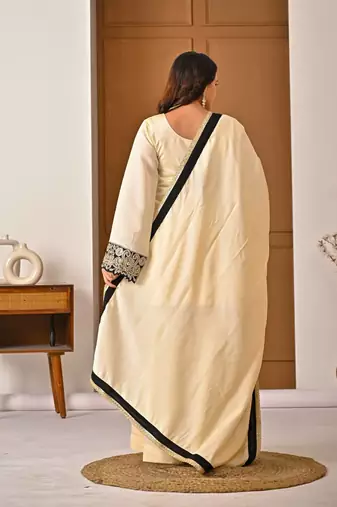 Cream chinon silk  party wear embroidery sharara  suit set